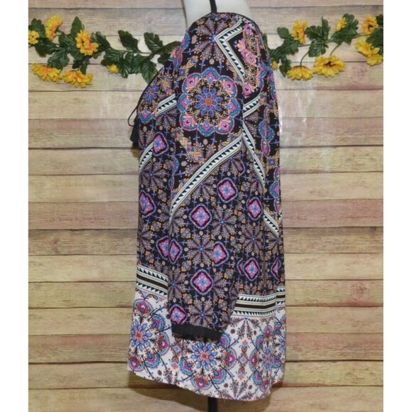 Daniel Rainn Chiffon Blouse Top Size XL Tie & Tassels Colorful Floral & Black - Picture 5 of 12